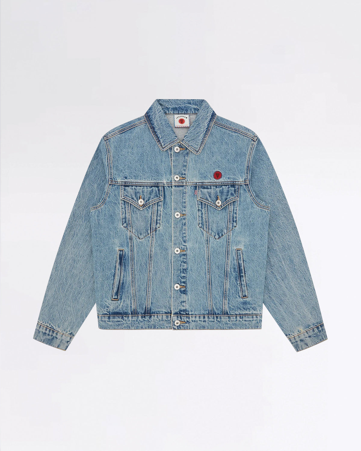 CHECK LINED DENIM TRUCKER JACKET VINTAGE WASH BLUE
